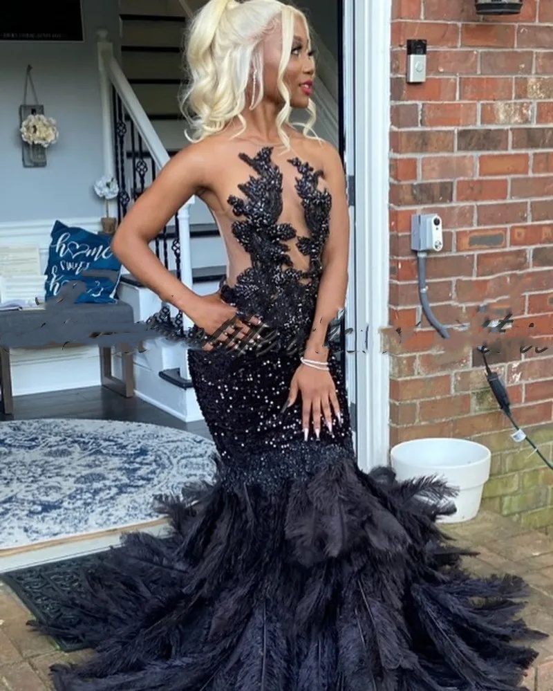 Feathers Prom Dress Women Crystal Backless Sequin Mermaid Party Gowns For Black Girls Vestidos De Graduacion