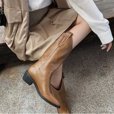 New brown mid-calf boots women's knee-short V-cut knight boots single-boot high Western pointed cowboy boots Q230226