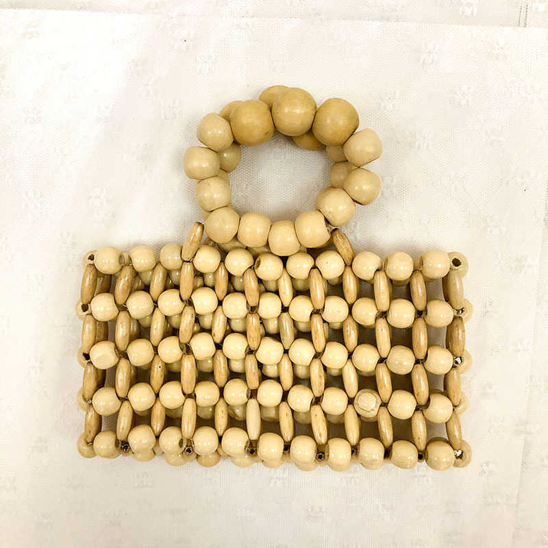 Wind New Ins Same Hand Woven Handbag Natural Wood Bead Handbag Transparent Beach Quartet Bag 240215