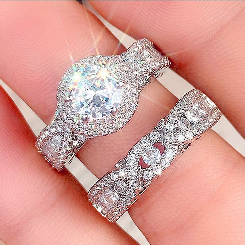 Drop Ship Luxury Jewelry Wedding Rings Handmade Ins Top Sell 925 Sterling Silver Fill Round Cut White Topaz CZ Diamond Couple Women Bridal Ring Set Gi