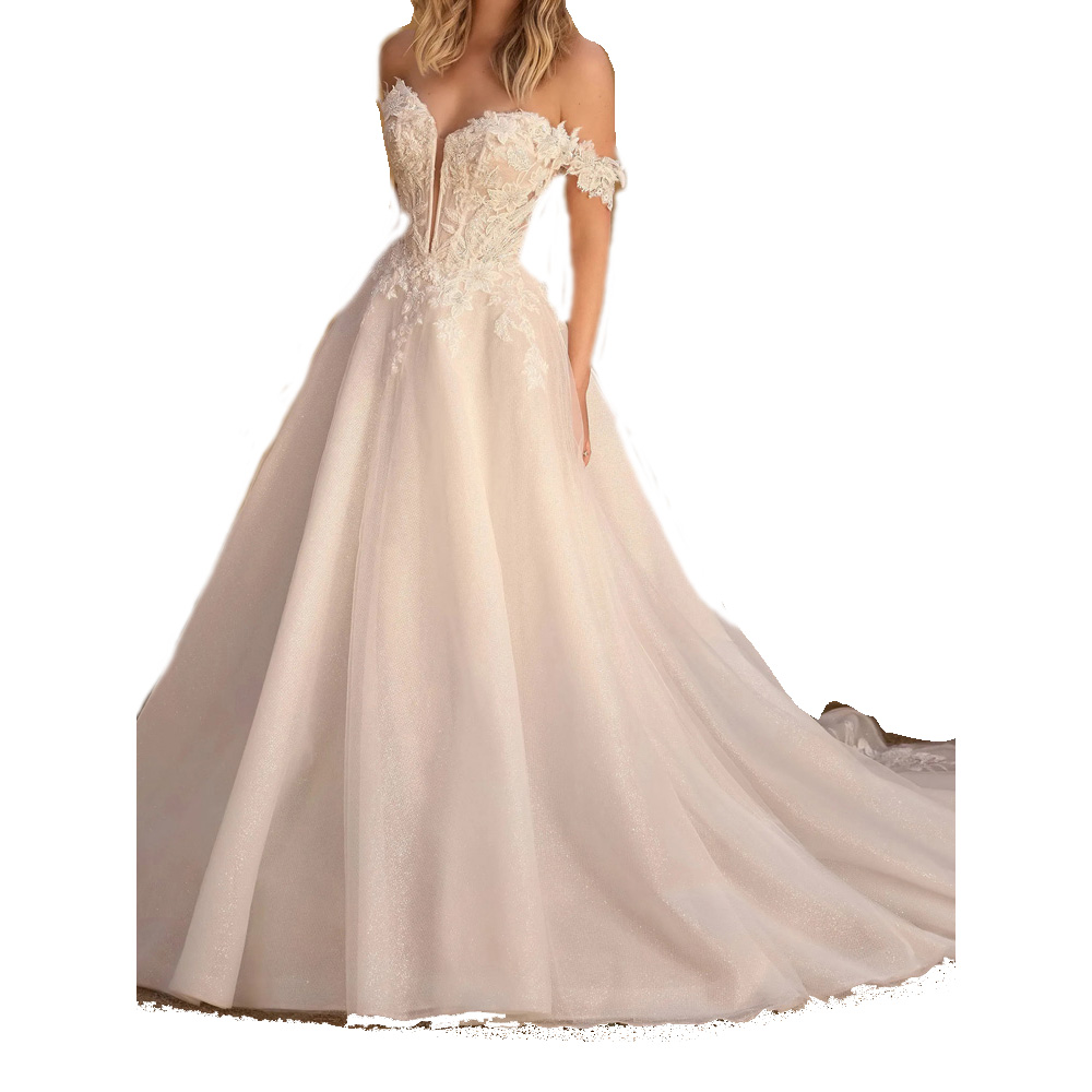 Plus Size Wedding Dresses 2024 New Arrival High Waist Bridal Gowns Off the Shouder Zipper with Buttons Back Applique with Beading