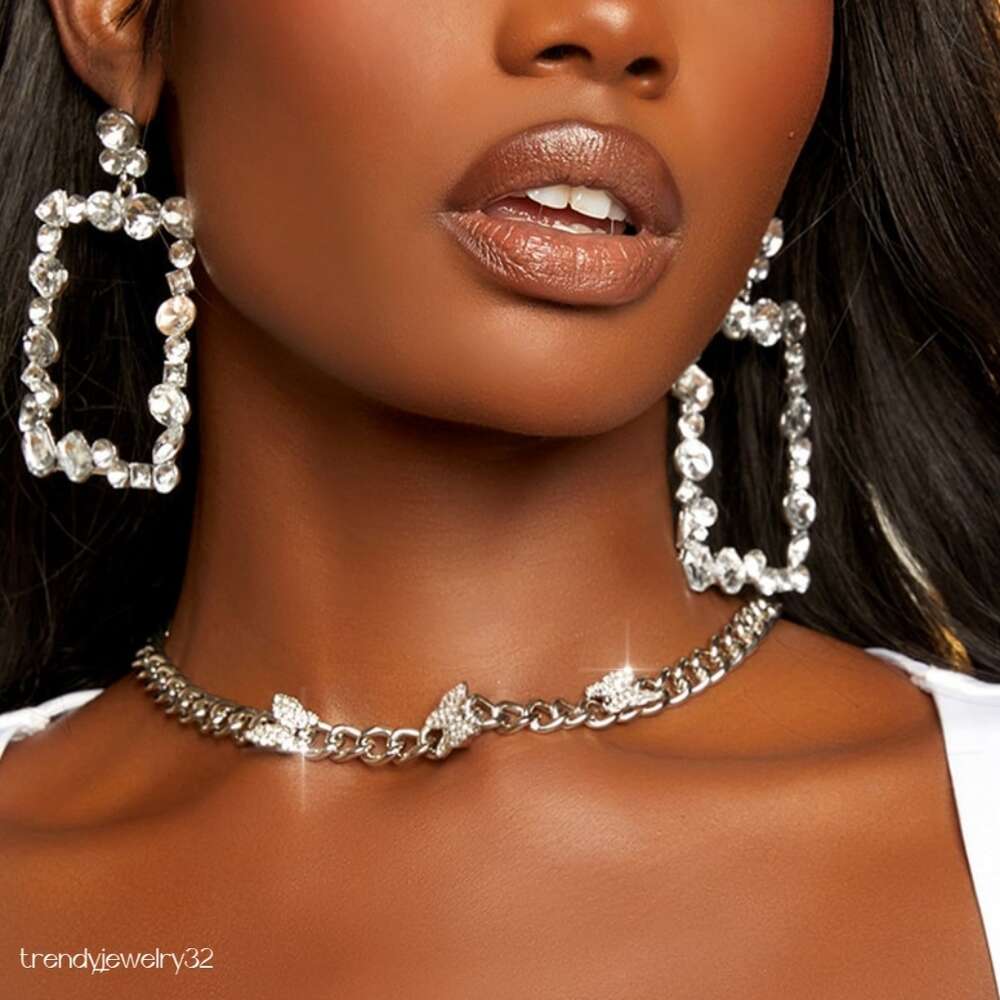 Punk Iced Out Buttefly Neckalce Full Miami Curb Butterfly Cuban Chain Bling Rapper Necklace Bracelet necklaces for Women hip Jewelry