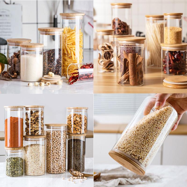 Bamboo Covered Glass Coffee Can Food Contact Materials Tea Coffee Bean Kitchen Storage Bottle Transparent Coffee Set