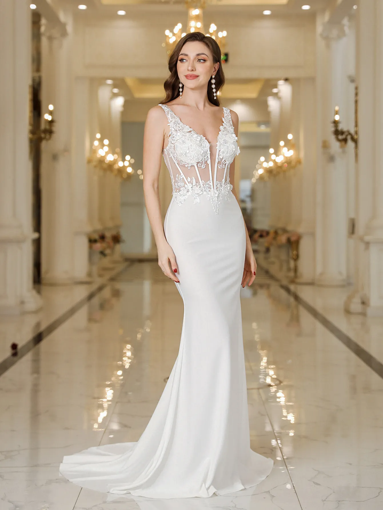 babynice666 Sexy Backless Mermaid Wedding Dresses Deep V Neck Appliques Ivory Bridal Gowns Sweep Train Robes Under 50 CPS3040