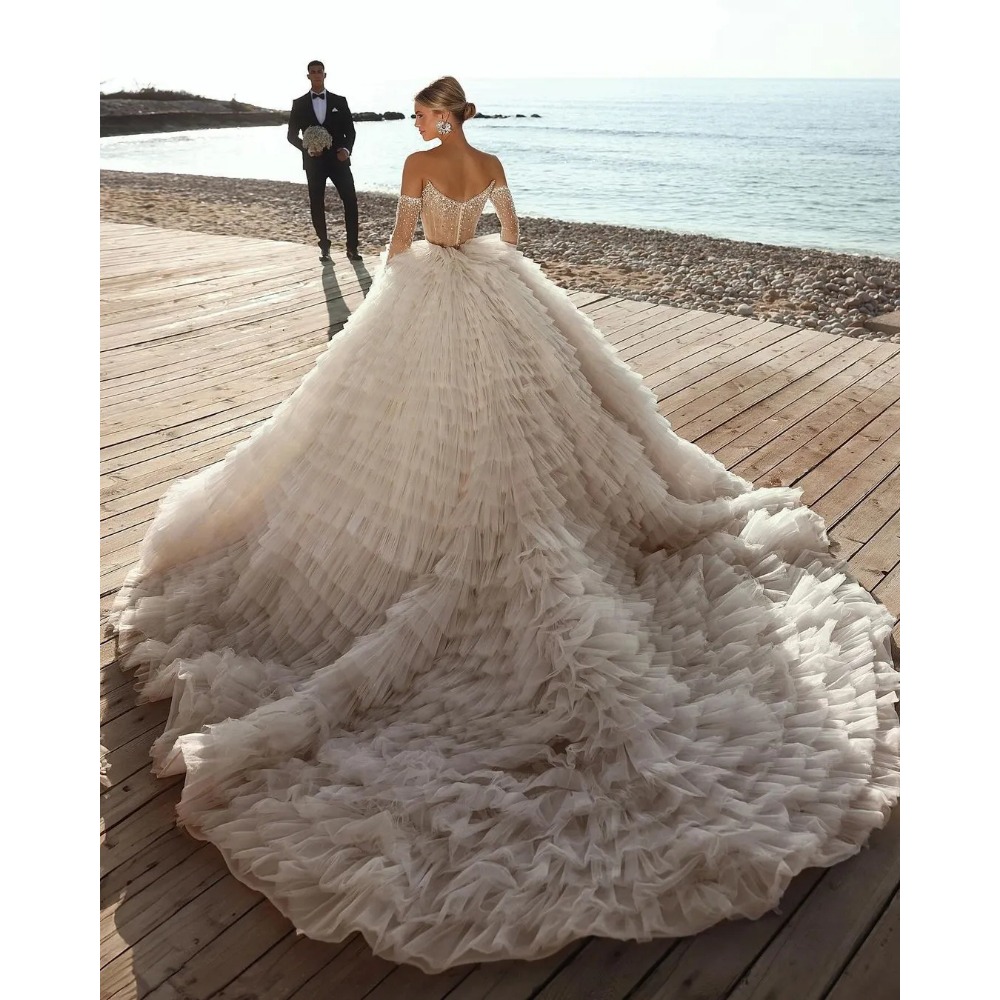 Stunningbride 2024 Tiered Skirts Ball Gown Wedding Dresses Princess Sheer Sweetheart Long Sleeve Sequins Beads Backless Bridal Dress Bride Gowns