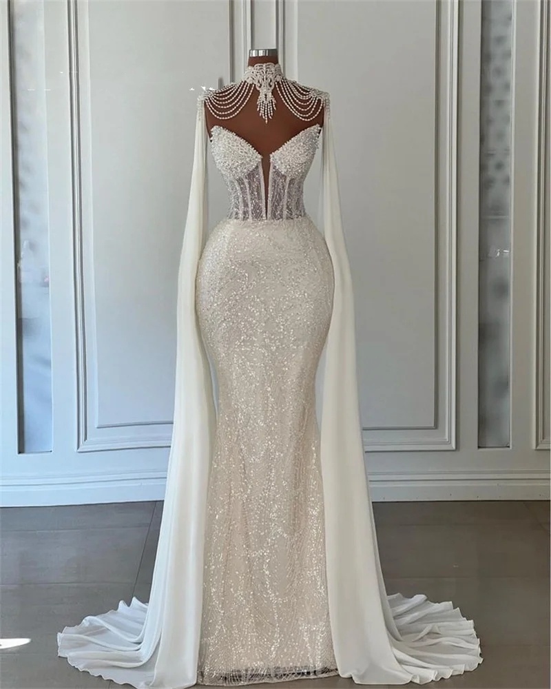 Lace White Mermaid Wedding Dresses 2024 Beads Customized Bridal Gowns Robe De Mariage Hot Dubai Arab