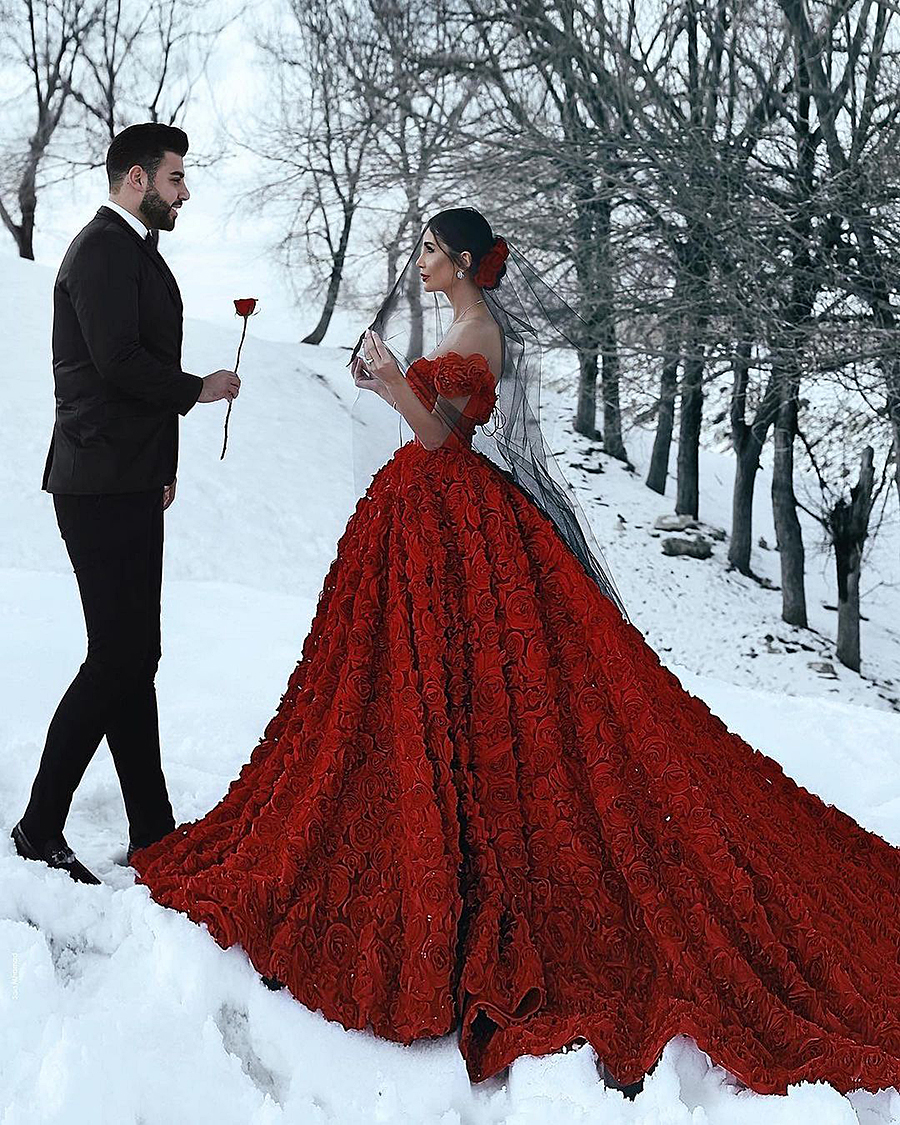 Gowns Dark Red Wedding Dresses With D Rose Wers Cathedral Train Arabic Off Shoulder Backless V Neck Bridal Gown Robe De Mariee 6660306