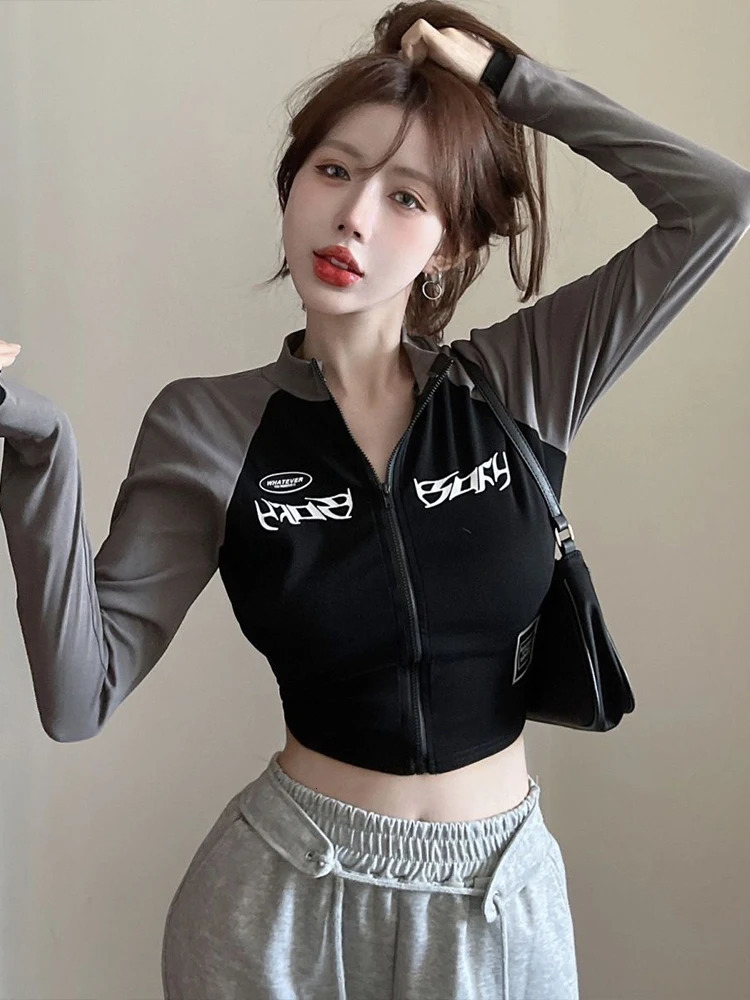 Y2K Vintage Tshirt Women Spring Long Sleeve O Neck Crop Top Korean Fashion High Street Zip Up Skinny Tees Streetwear 240223
