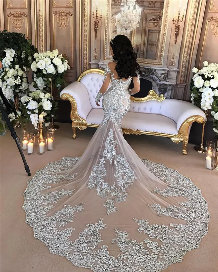 Sparkly Mermaid Wedding Dress Sexy Sheer Bling Beads Lace Applique High Neck Illusion Long Sleeve Champagne Trumpet Bridal Gowns 0613