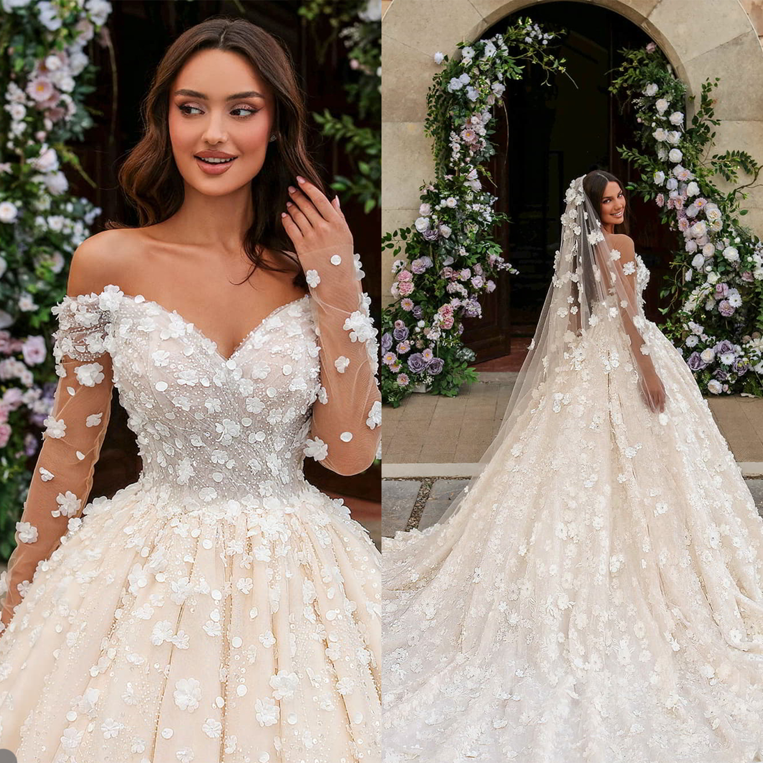 Romantic Wedding Dresses 3D-Ral Appliques Bridal Ball Gowns Off The Shoulder Long Sleeve Custom Made Vestido De Novia 0219