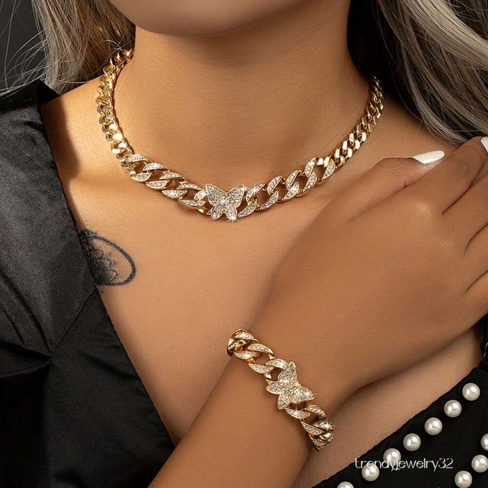Punk Iced Out Buttefly Neckalce Full Miami Curb Butterfly Cuban Chain Bling Rapper Necklace Bracelet necklaces for Women hip Jewelry
