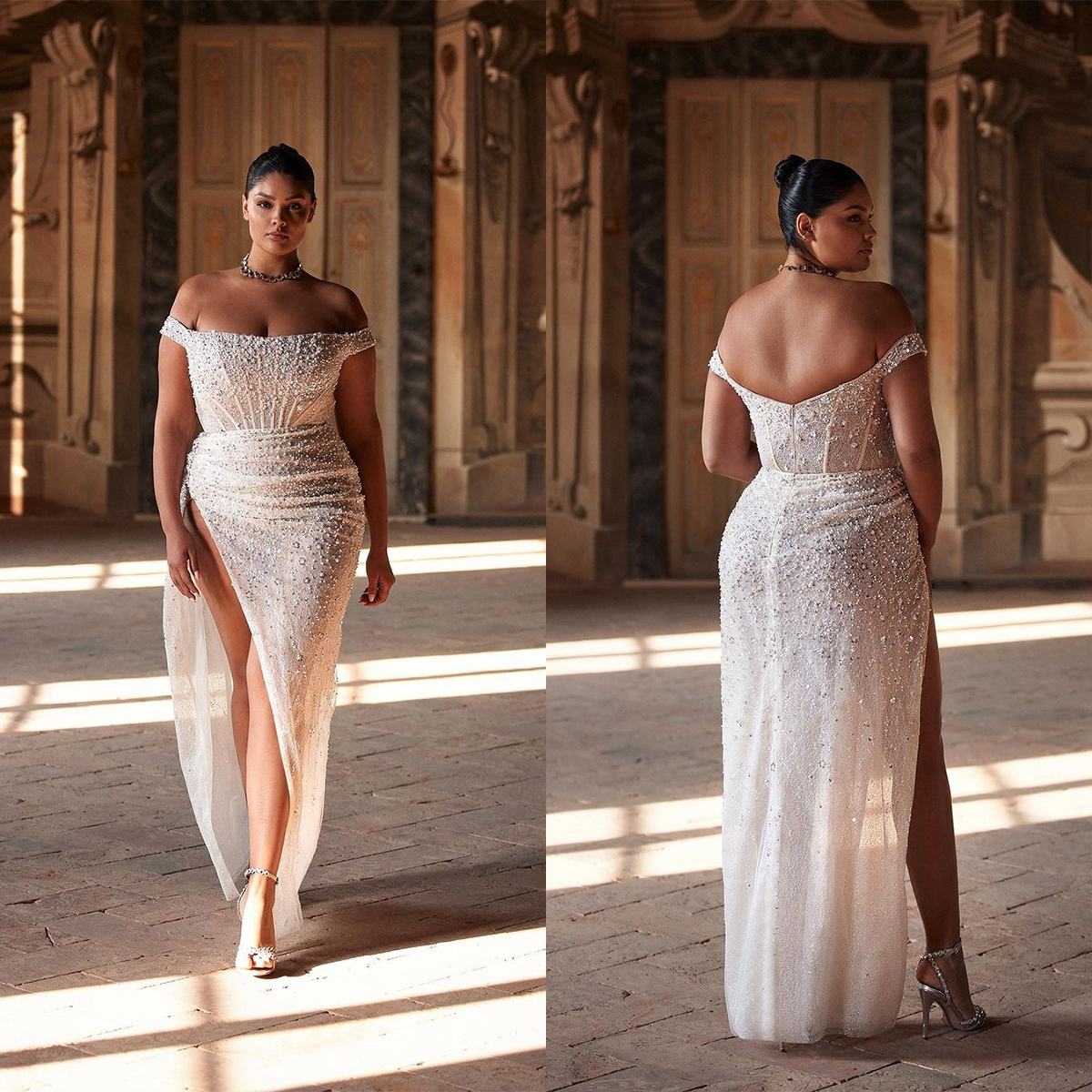 Glitter Plus Size Bridal Gowns Pearls Sequins Mermaid Wedding Dress Off Shoulder Side Split Custom Made Bride Dresses Vestido de novia