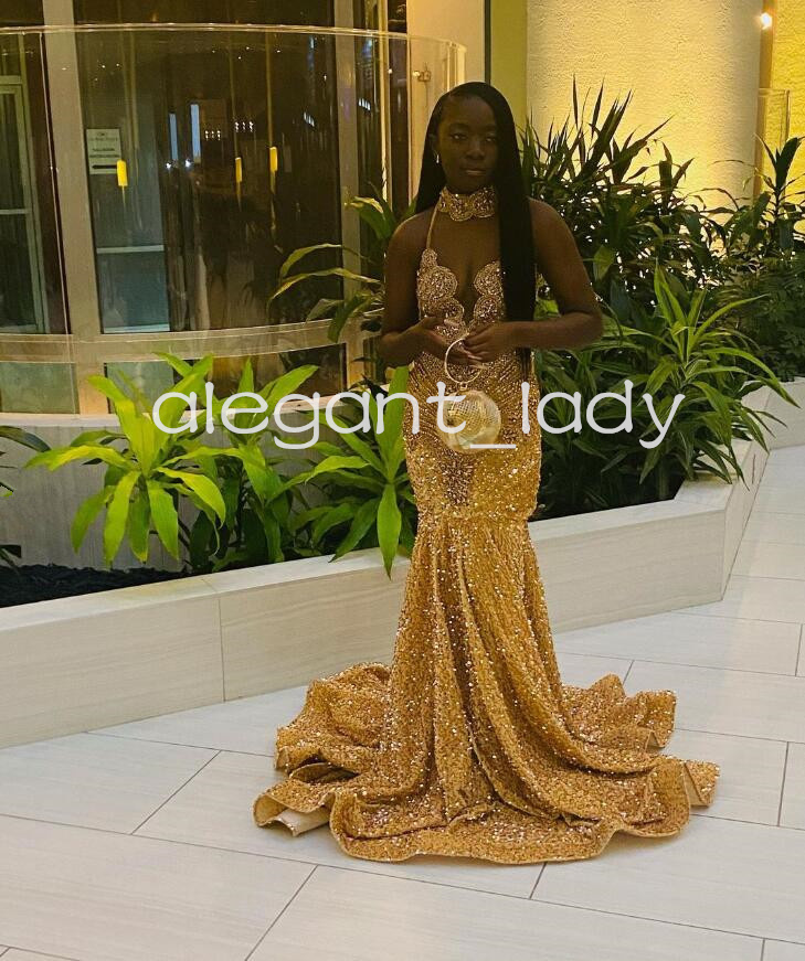 Long Gold Sparkly Prom Dresses 2024 for Women Luxury Crystal Diamond Velvet Black Girl Mermaid Evening Party Gala Gowns