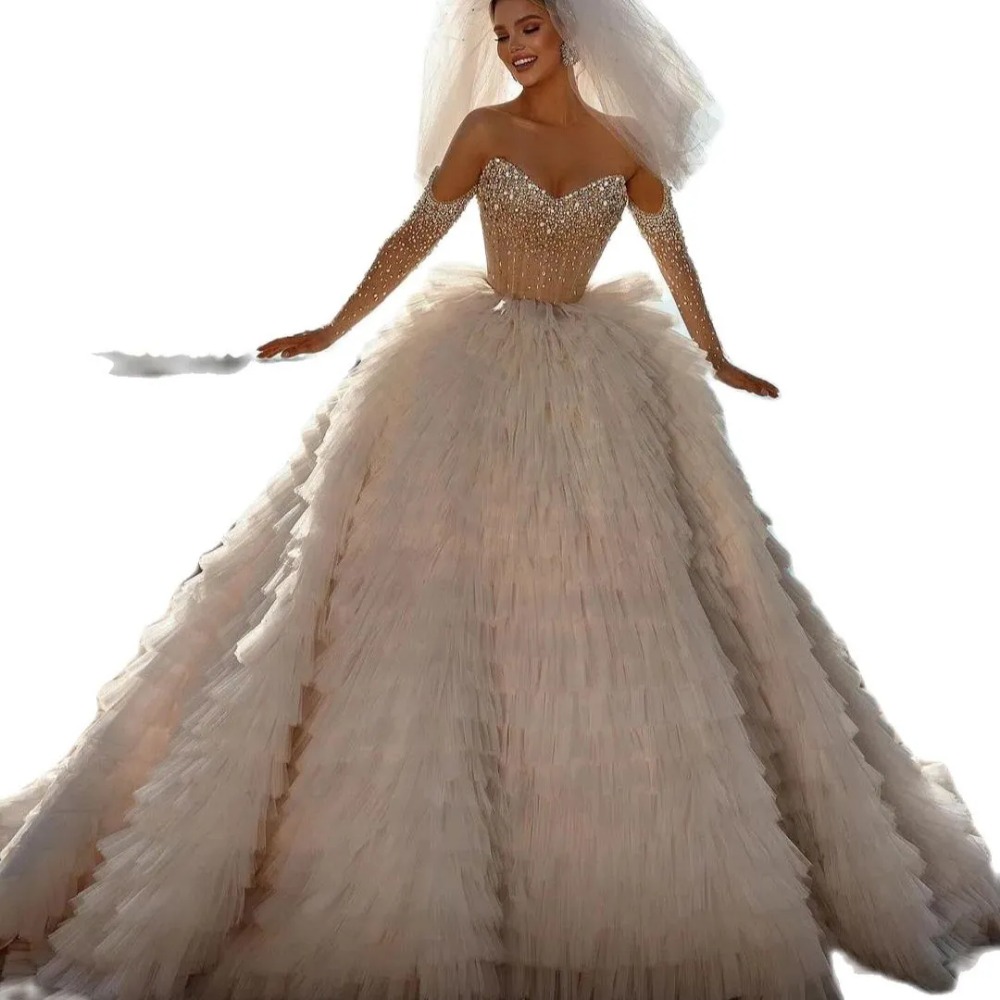 Stunningbride 2024 Tiered Skirts Ball Gown Wedding Dresses Princess Sheer Sweetheart Long Sleeve Sequins Beads Backless Bridal Dress Bride Gowns