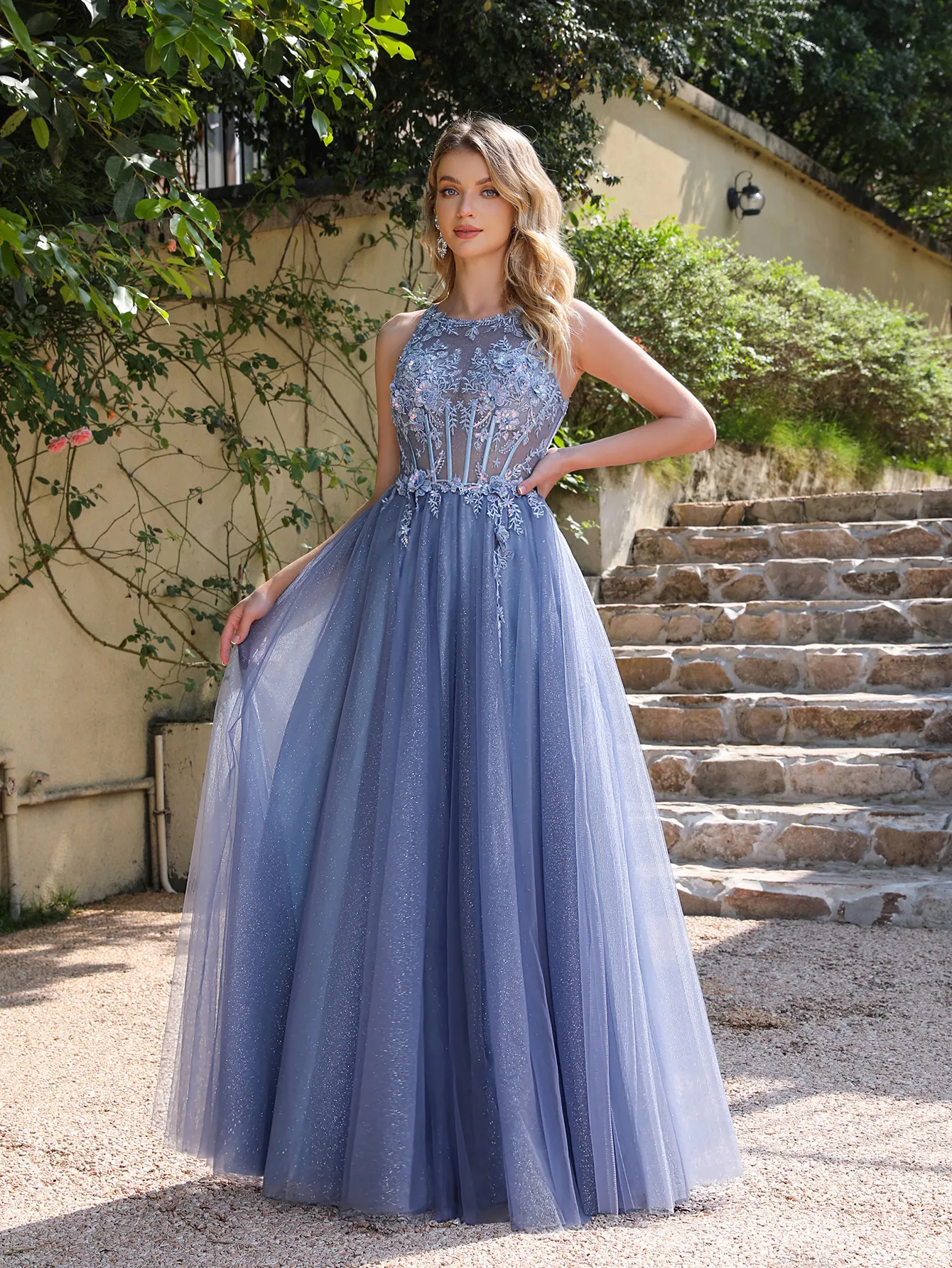 NEW Ocean Blue Hollow Backless Prom Dresses A Line Sheer Jewel Neck Tulle Long Evening Gowns With Appliques Cps3039