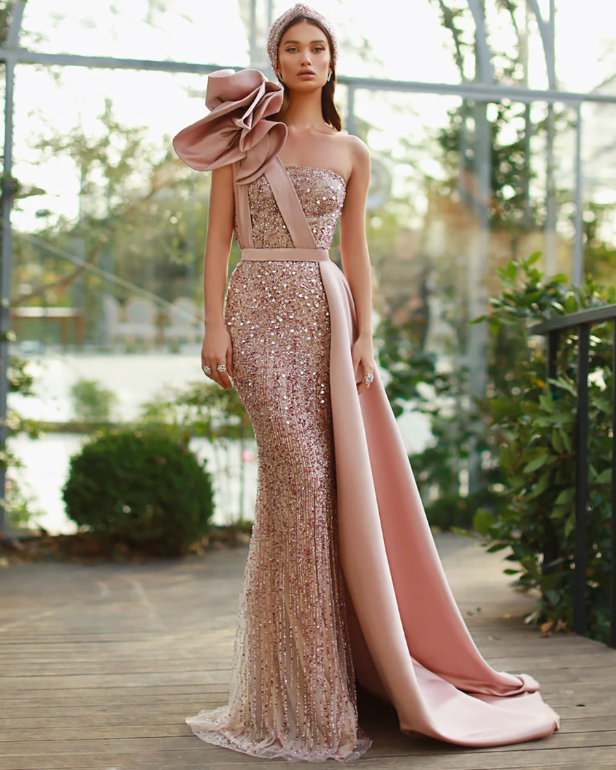 Stunning Pink Sequined Dresses wers One Shoulder Mermaid Evening Gowns Formal Prom Party Dress