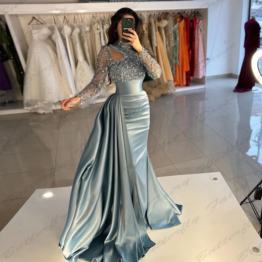Vintage Elegant Women's Evening Party Dress Long Sleeved High Necked Mermaid Muslim Princess Prom Formal Gowns Arab Dubai Robe De Soiree