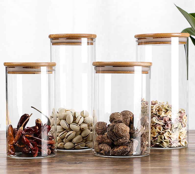 Bamboo Covered Glass Coffee Can Food Contact Materials Tea Coffee Bean Kitchen Storage Bottle Transparent Coffee Set
