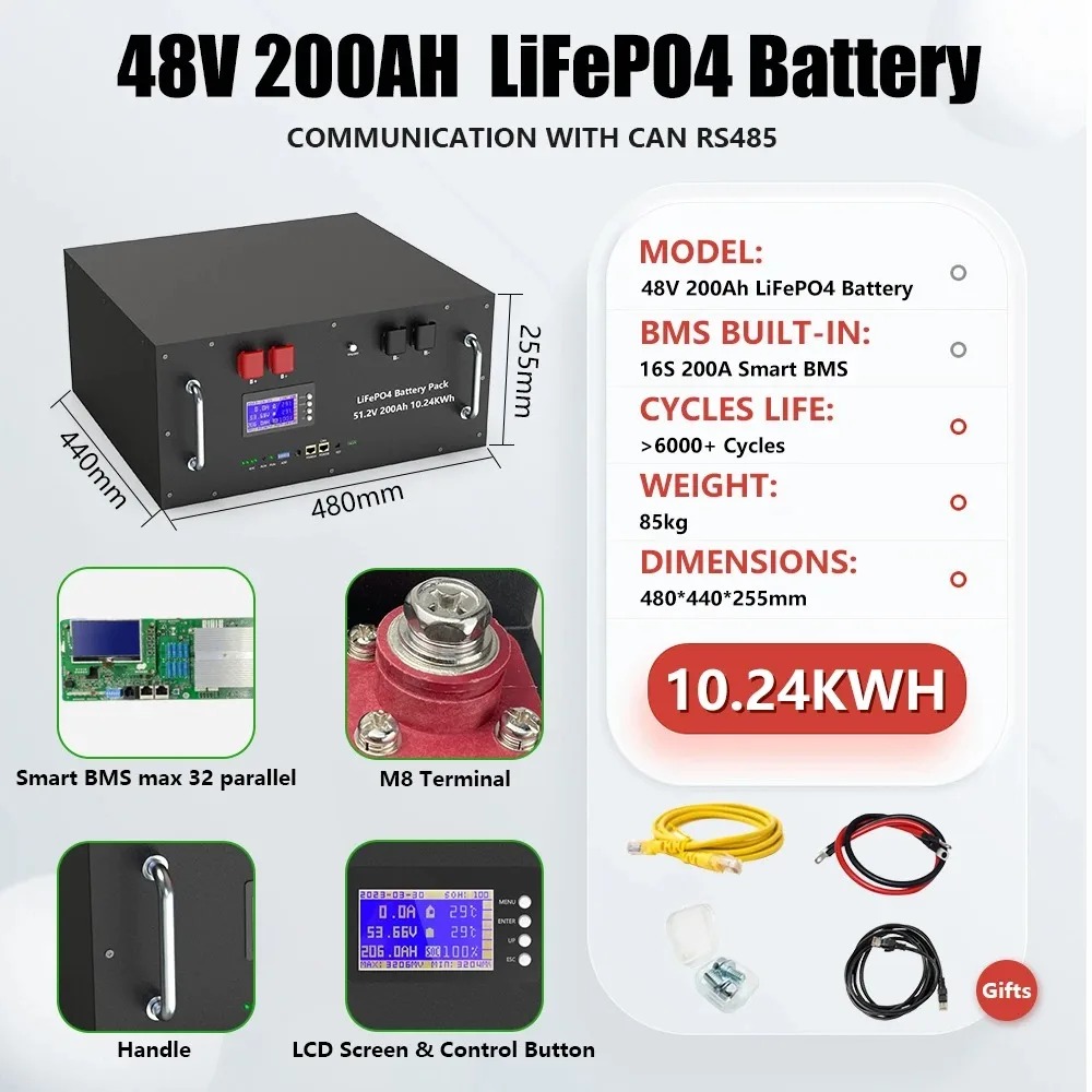 LiFePO4 48V 200Ah 10KW Lithium Battery 51.2V