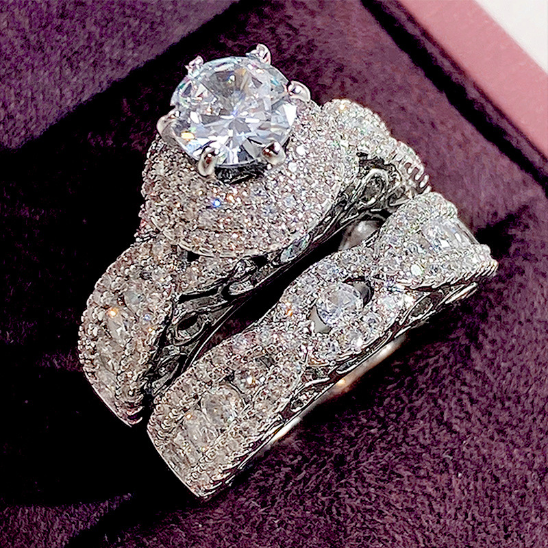 Drop Ship Luxury Jewelry Wedding Rings Handmade Ins Top Sell 925 Sterling Silver Fill Round Cut White Topaz CZ Diamond Couple Women Bridal Ring Set Gi