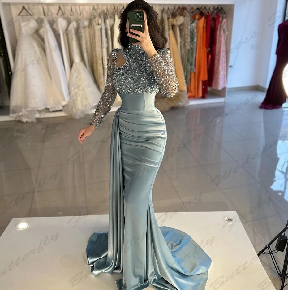 Vintage Elegant Women's Evening Party Dress Long Sleeved High Necked Mermaid Muslim Princess Prom Formal Gowns Arab Dubai Robe De Soiree
