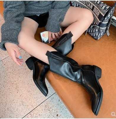New brown mid-calf boots women's knee-short V-cut knight boots single-boot high Western pointed cowboy boots Q230226