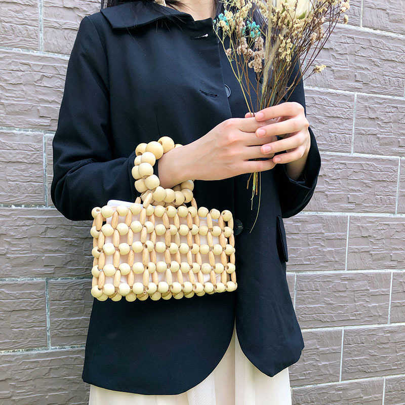 Wind New Ins Same Hand Woven Handbag Natural Wood Bead Handbag Transparent Beach Quartet Bag 240215