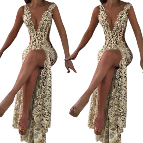 202 Lace Deep V Neck Evening Gowns Sparkly Beaded Sheer Backless Mermaid Prom Dresses See Through Sweep Train Party Vestidos Custo