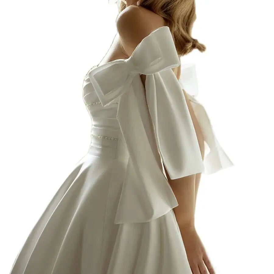 Simple Satin Wedding Dresses A Line Beads Off Shoulder Custom Made Bride Gowns With Bow Arabic Sweep Train Bride Dress