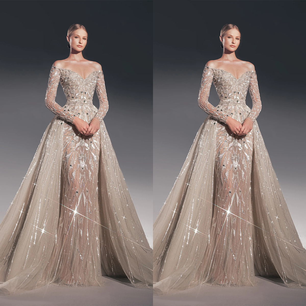 A-e Women Wedding Sweetheart Long Sleeves Bridal Gowns Crystal Sequins Detachable Train Dress Custom Made vestidos de novia
