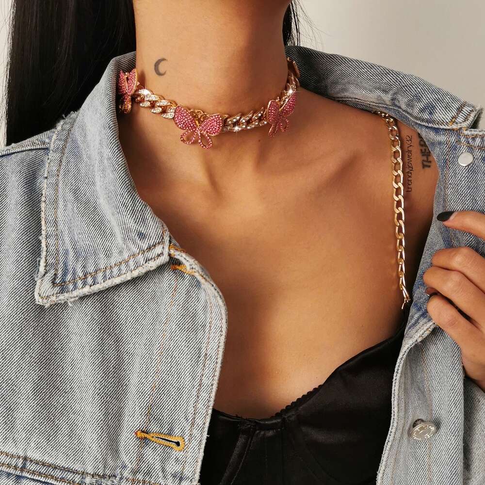 Punk Iced Out Buttefly Neckalce Full Miami Curb Butterfly Cuban Chain Bling Rapper Necklace Bracelet necklaces for Women hip Jewelry