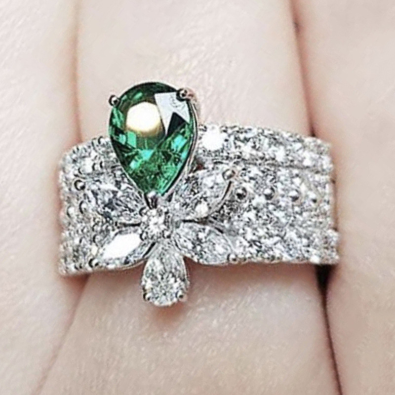 Sterg Sier Wedding Ring for Women, 2024 Choucong Brand Engagement Band with Water Drop Emerald CZ Dia Gemstones, Handmade Jewelry Gift