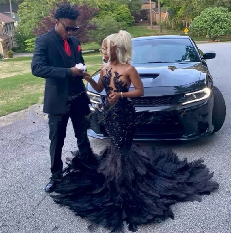 Feathers Prom Dress Women Crystal Backless Sequin Mermaid Party Gowns For Black Girls Vestidos De Graduacion