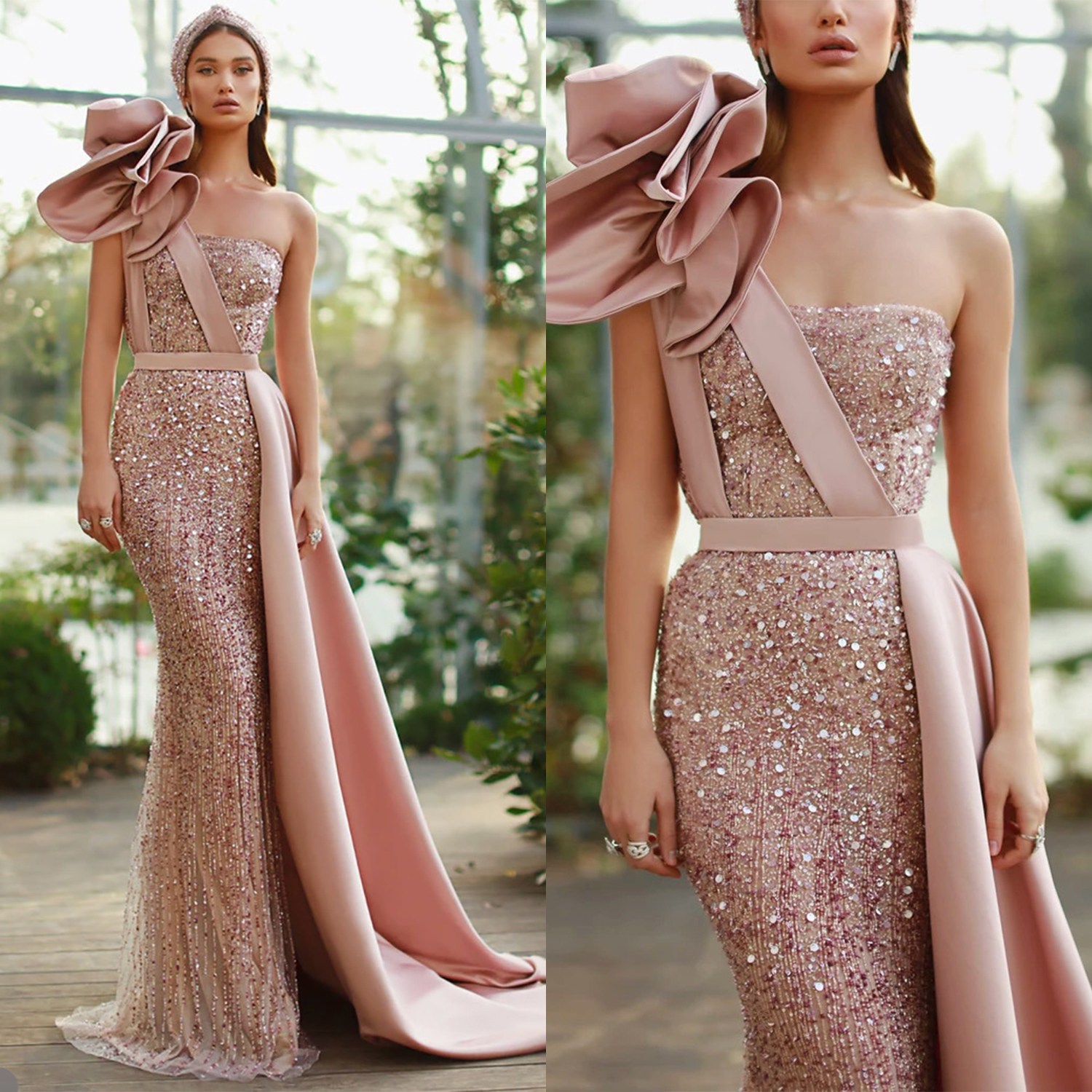 Stunning Pink Sequined Dresses wers One Shoulder Mermaid Evening Gowns Formal Prom Party Dress