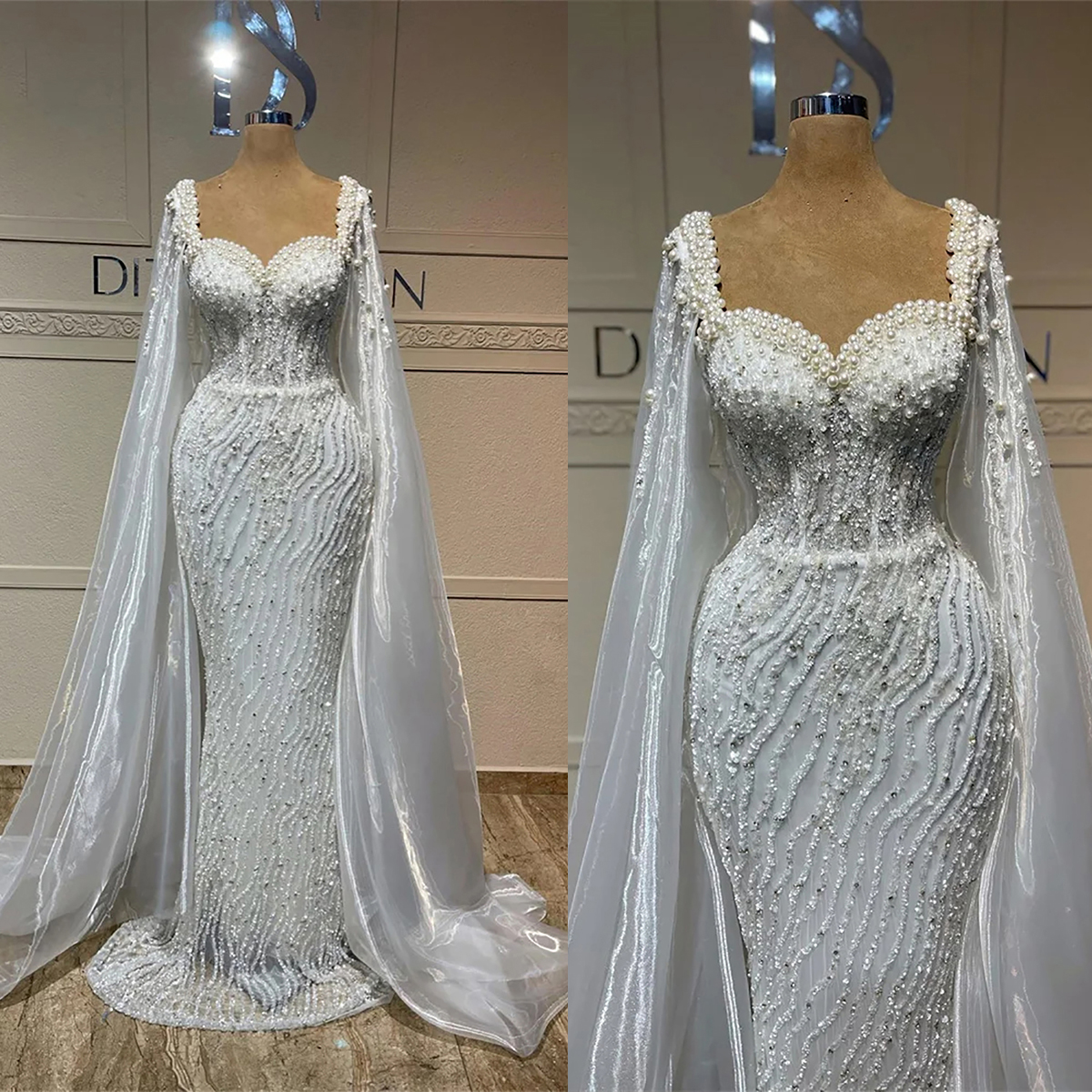 Gorgeous Women Wedding Sweetheart Sleeveless Bridal Gowns With Cape Pearls Sequins Sweep Train Dress Custom Made vestidos de novia