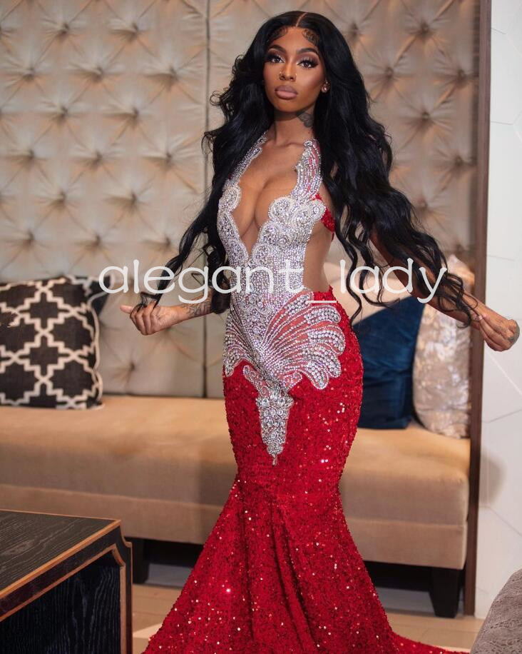 Red Sparkly Afrian Mermaid Prom Gala Dresses for Women Luxury Diamond Crystal Velvet Birthday Evening Pageant Gown Robes