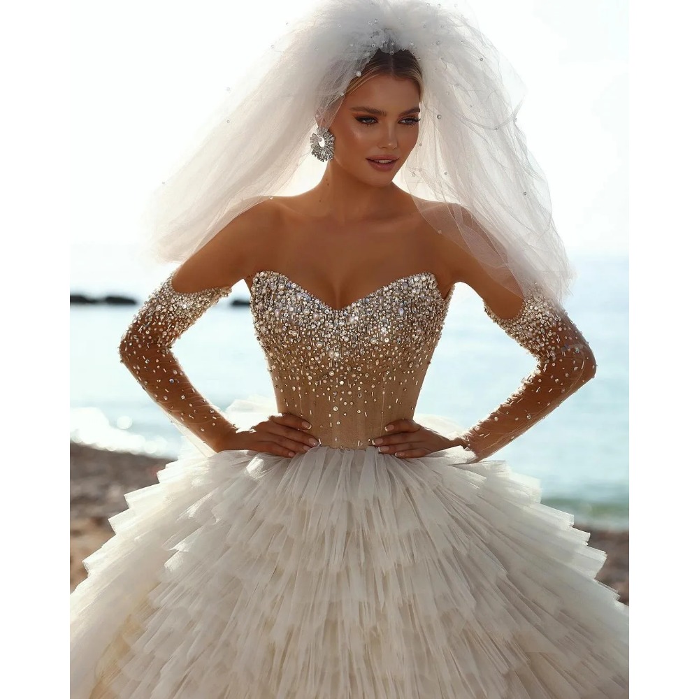 Stunningbride 2024 Tiered Skirts Ball Gown Wedding Dresses Princess Sheer Sweetheart Long Sleeve Sequins Beads Backless Bridal Dress Bride Gowns