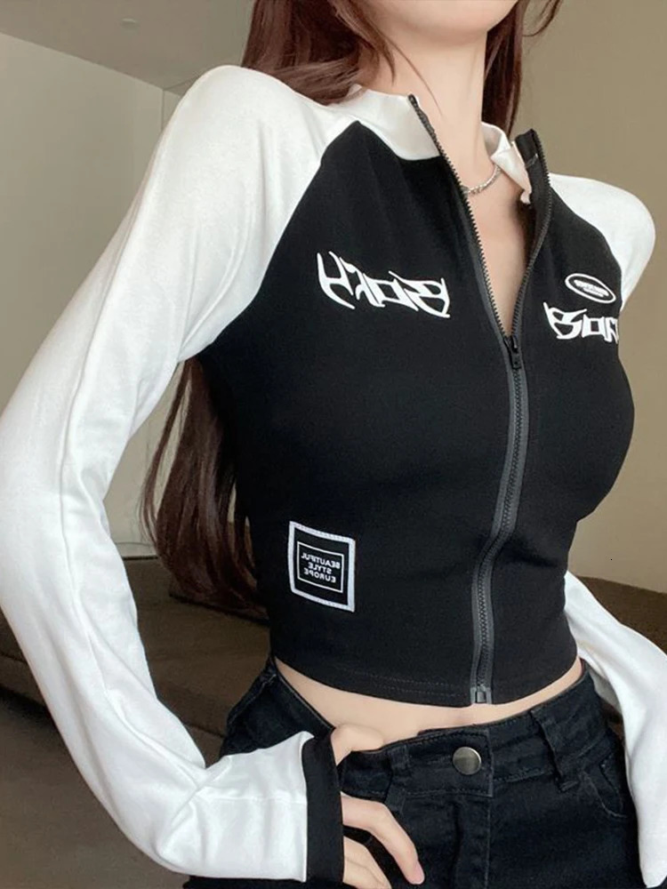Y2K Vintage Tshirt Women Spring Long Sleeve O Neck Crop Top Korean Fashion High Street Zip Up Skinny Tees Streetwear 240223