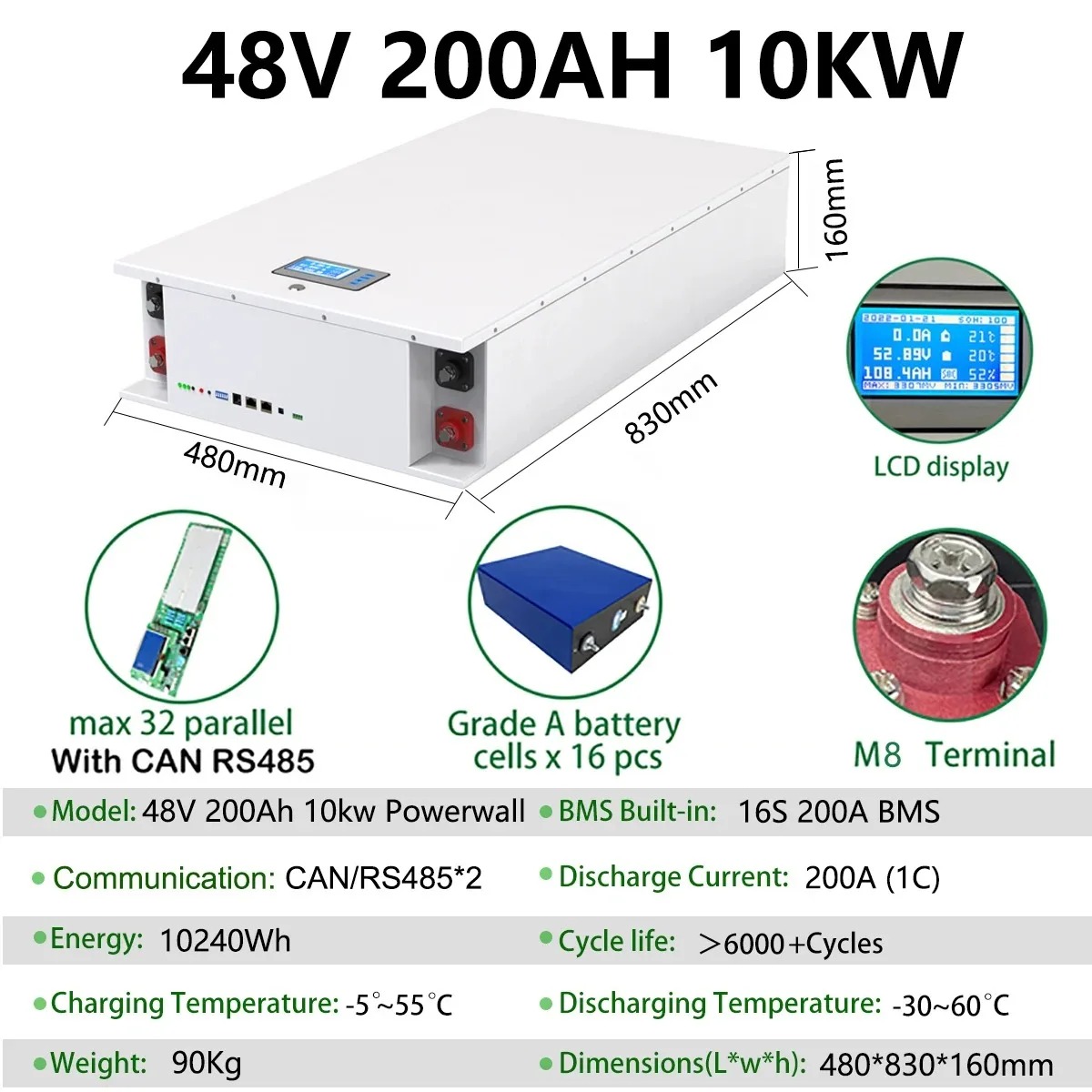 Powerwall 10KW LiFePO4 Battery 51.2V 100Ah 5KW Max 32