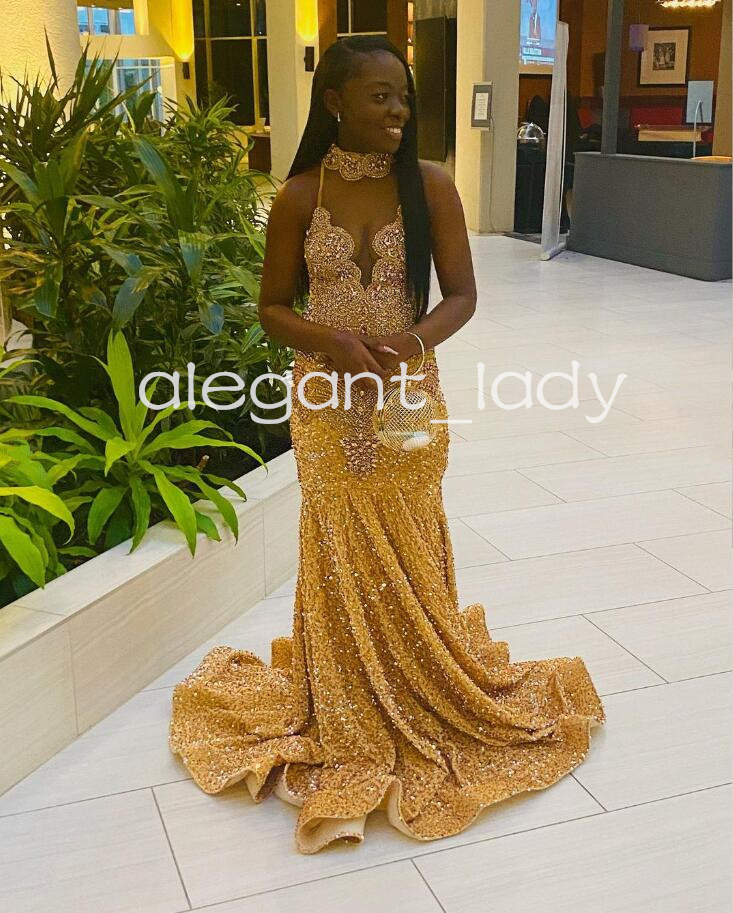 Long Gold Sparkly Prom Dresses 2024 for Women Luxury Crystal Diamond Velvet Black Girl Mermaid Evening Party Gala Gowns