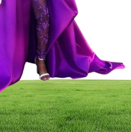 Newest Purple Overskirt Jumpsuit Prom Dresses High Neck Appliqued Side Split Evening Dress Beaded Sequined Plus Size Sweep Train P