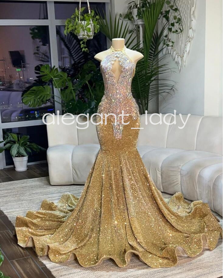 Champagne Gold Long Prom Dresses 2024 Mermaid Sheer O-neck Sleeveless Beaded Black Girl Evening Gala Formal Gown