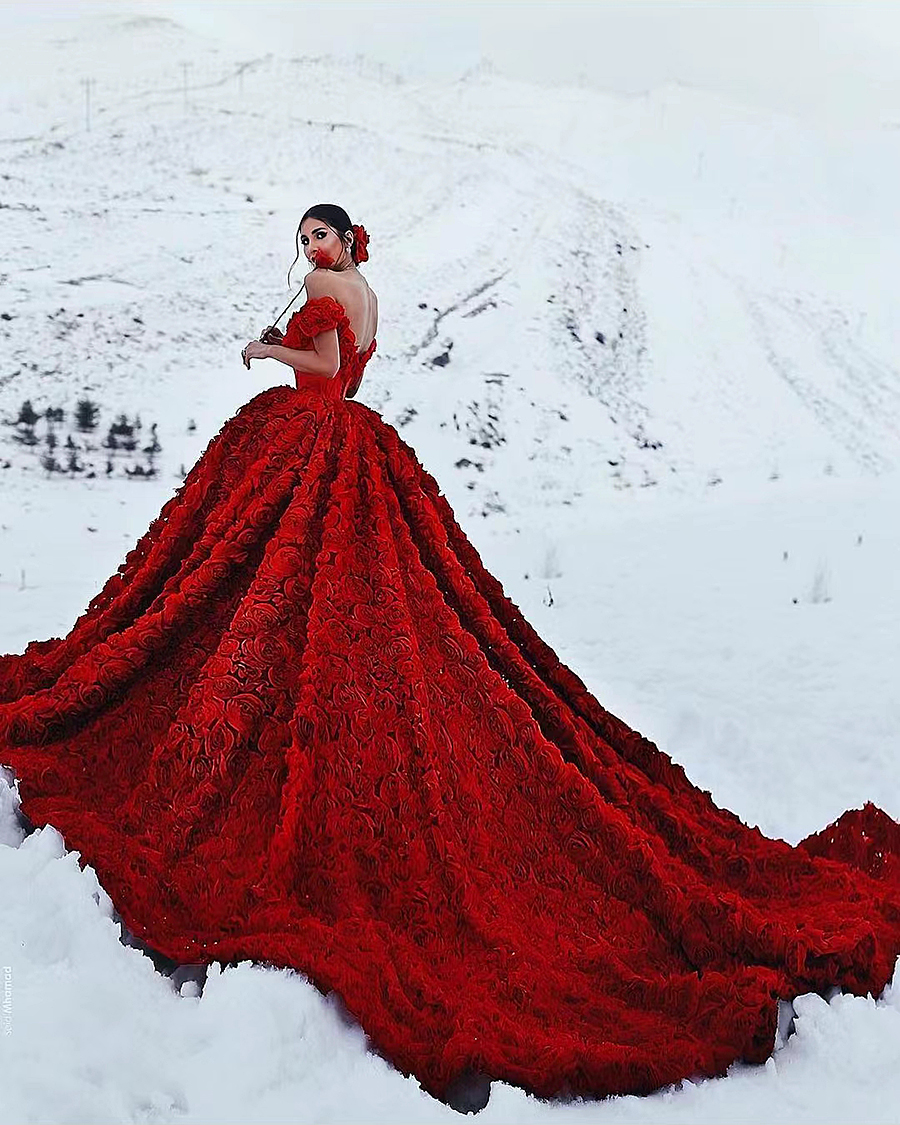 Gowns Dark Red Wedding Dresses With D Rose Wers Cathedral Train Arabic Off Shoulder Backless V Neck Bridal Gown Robe De Mariee 6660306