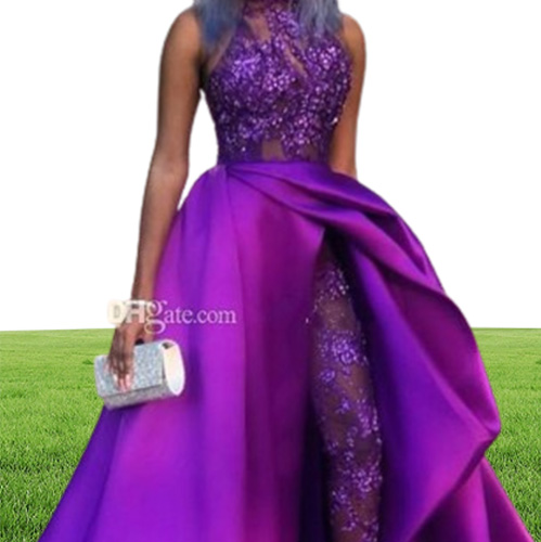 Newest Purple Overskirt Jumpsuit Prom Dresses High Neck Appliqued Side Split Evening Dress Beaded Sequined Plus Size Sweep Train P