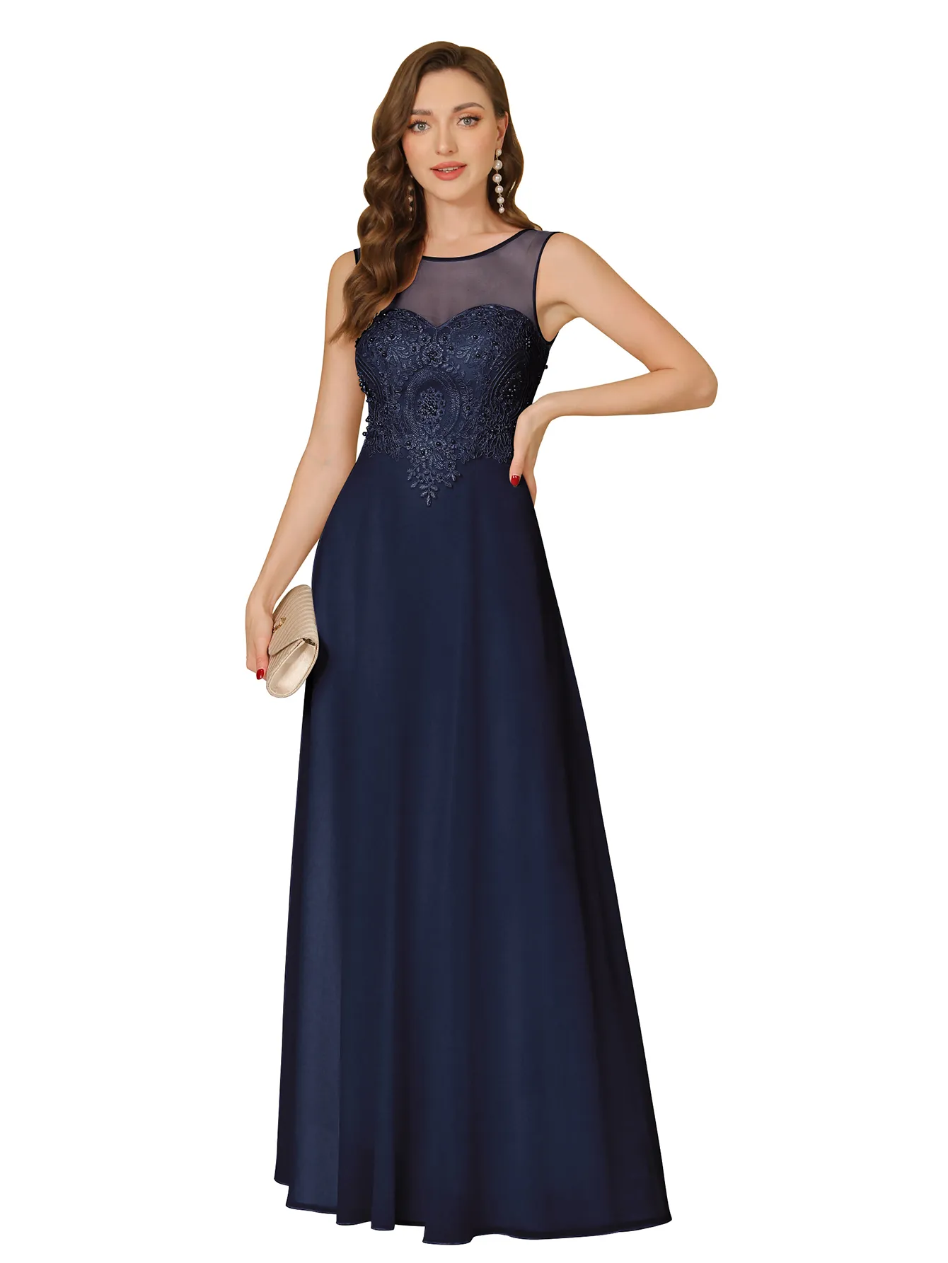 Stocks Ivory Dark Navy Bury Bridesmaid Dresses Sheer Neck Appliques Chiffon Long Maid Of Honor Gowns A Line Wedding Guest Evening Prom Dress Cps3036