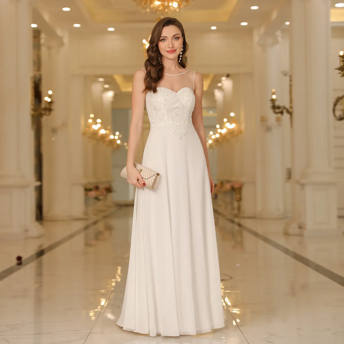 Stocks Ivory Dark Navy Bury Bridesmaid Dresses Sheer Neck Appliques Chiffon Long Maid Of Honor Gowns A Line Wedding Guest Evening Prom Dress Cps3036