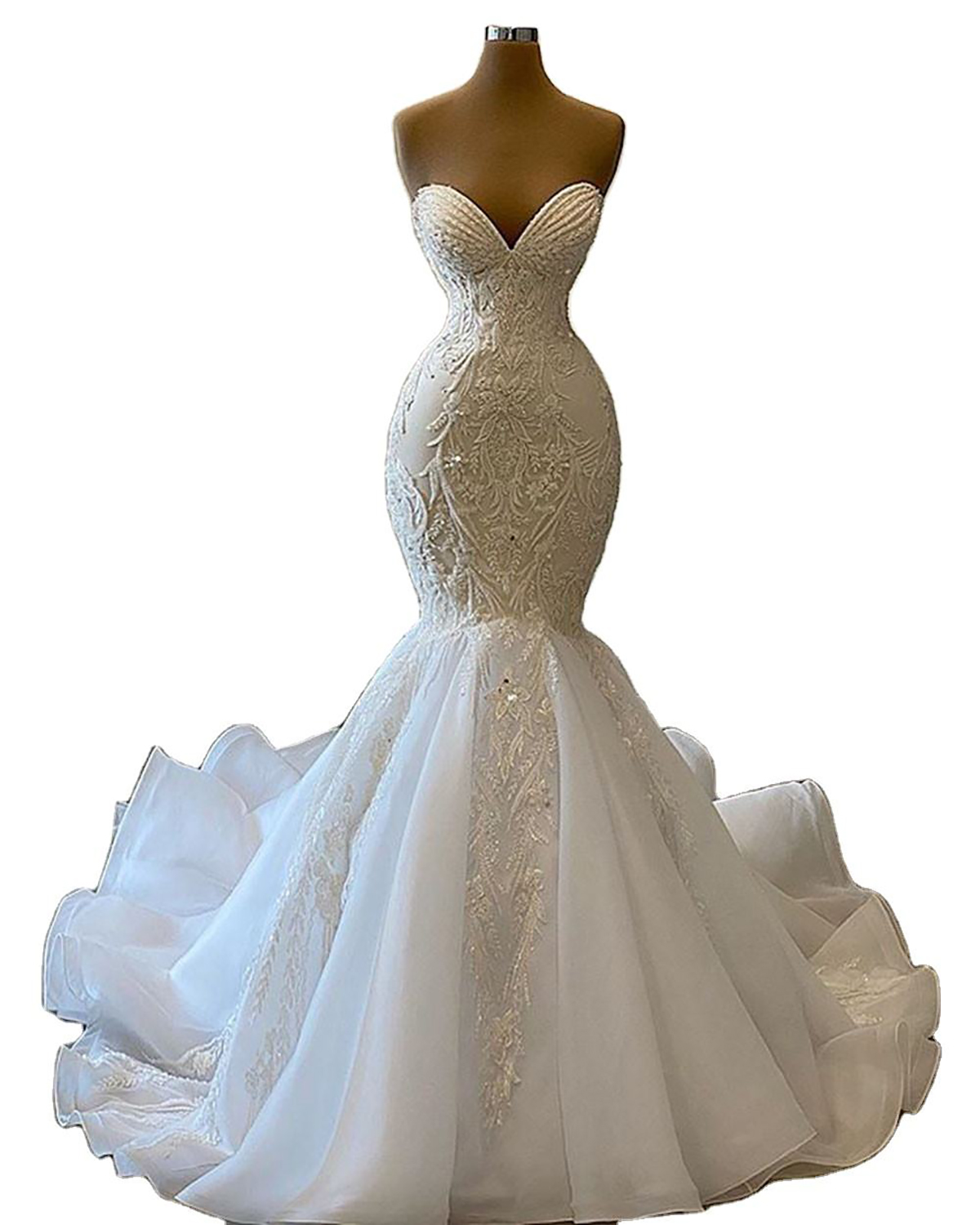Charming Bridal Gowns Strapless Mermaid Wedding Dress Appliques Lace Custom Made Crystal Bride Dresses Vestido De Novia 0219