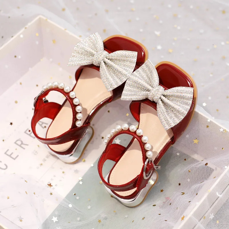Girls Sandals Baby Summer Childrens Soft Bottom Bow Decoration Open-toe Red Princess Heels 240222