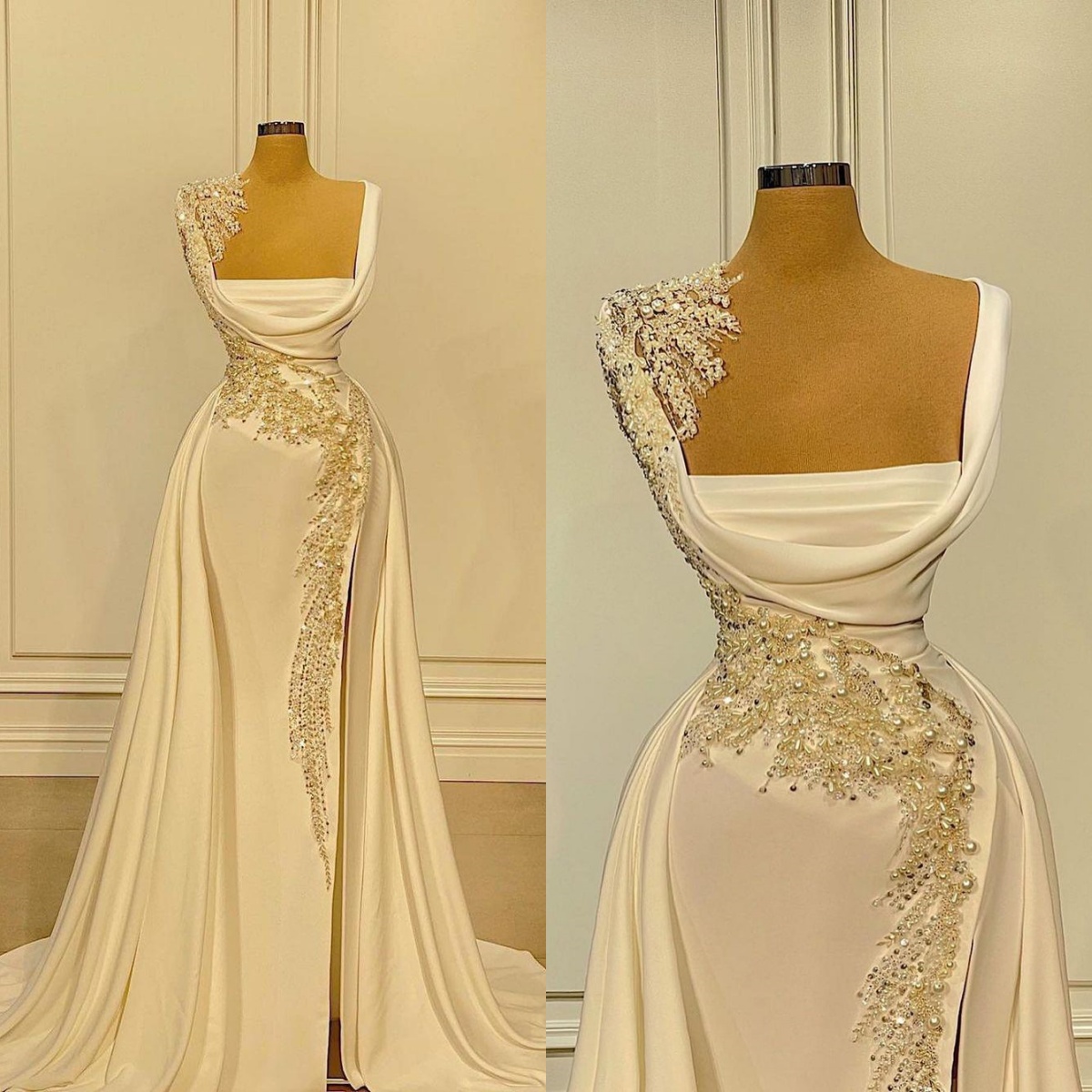 Graceful Bridal Gowns Pearls Beaded Mermaid Wedding Dress Sleeveless Custom Made Side Split Bride Dresses Vestido de novia