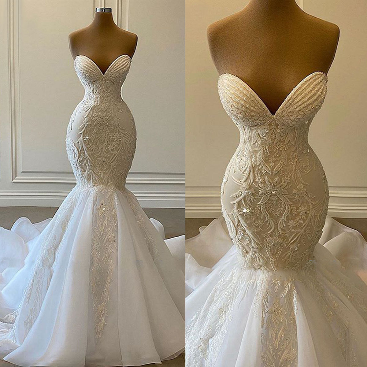 Charming Bridal Gowns Strapless Mermaid Wedding Dress Appliques Lace Custom Made Crystal Bride Dresses Vestido De Novia 0219
